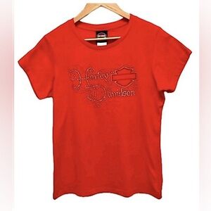 Harley Davidson biker logo t-shirt, short sleeve, sequins, red/orange, L